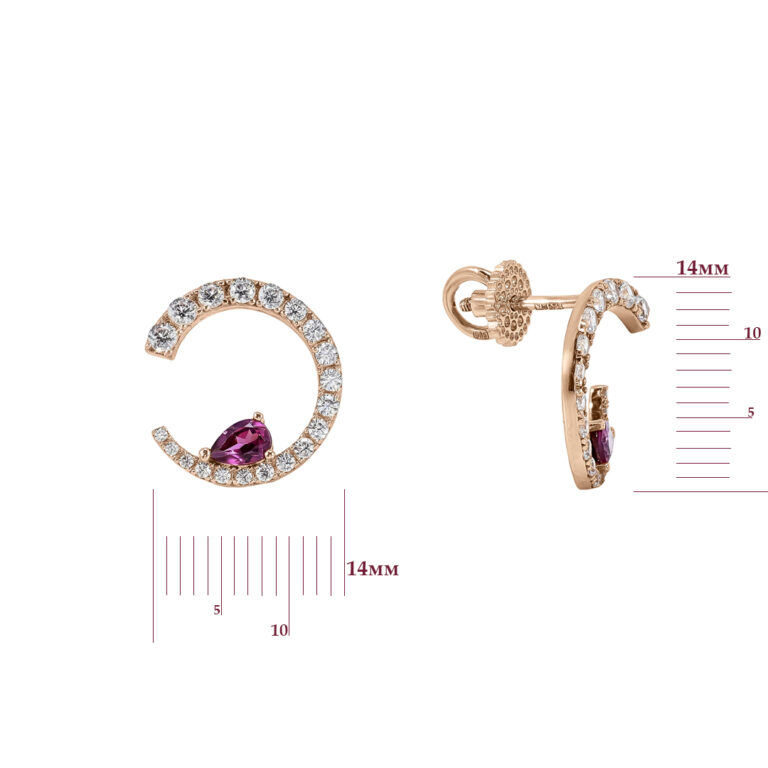 Сережки у червоному золоті зі вставкою Родоліт та Цирконій 25200911.244.s468